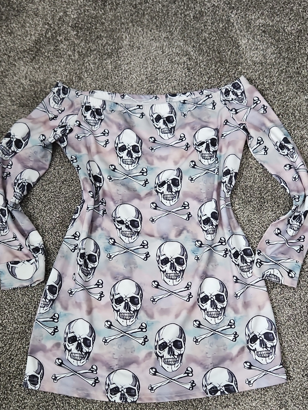 Skull & Crossbones Off-Shoulder Dress in Pastel Tie-Dye